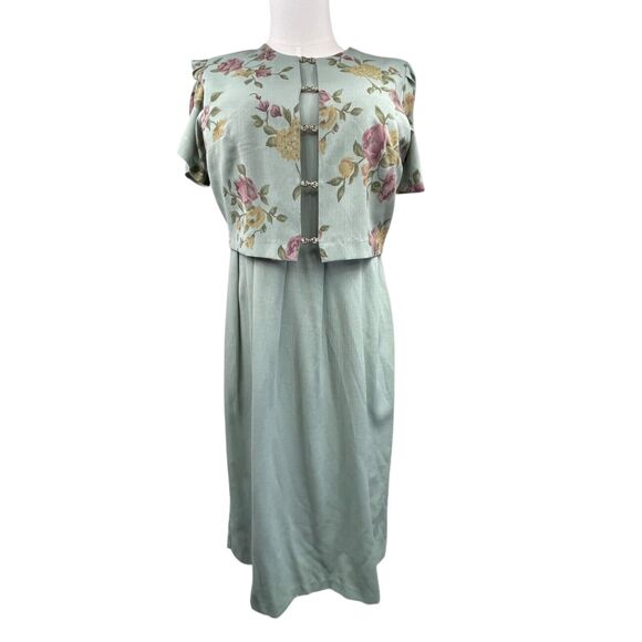 VTG 80s Sage Floral Maxi Dress L Cottage Boho Teacher Modest Shoulder Pads Geek - Picture 1 of 7